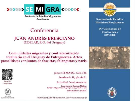 Conferencia: Comunidades migrantes y confraternización totalitaria en el Uruguay de Entreguerras. Actos proselitistas conjuntos de fascistas, falangistas y nazis. 14-5-2026, 16:00.